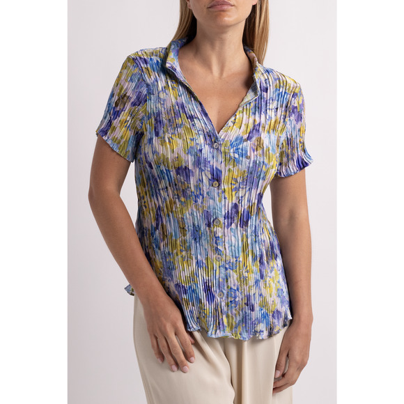 Vintage Blue & Green Floral Ribbed Button Down Blouse - Picture 1 of 5